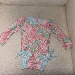 Caden Lane Pink & Light Blue Seashell Floral Rashguard Swimsuit